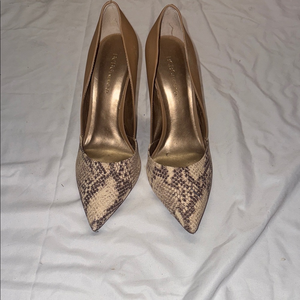 BCBGeneration Gold and Cream Snakeskin Heels